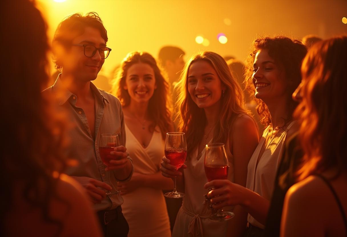 Abiball feiern mit stilvollem Ambiente – Eventlocation Atrium Junge Erwachsene in Abendkleidern und Anzügen feiern in moderner Eventlocation mit festlicher Beleuchtung