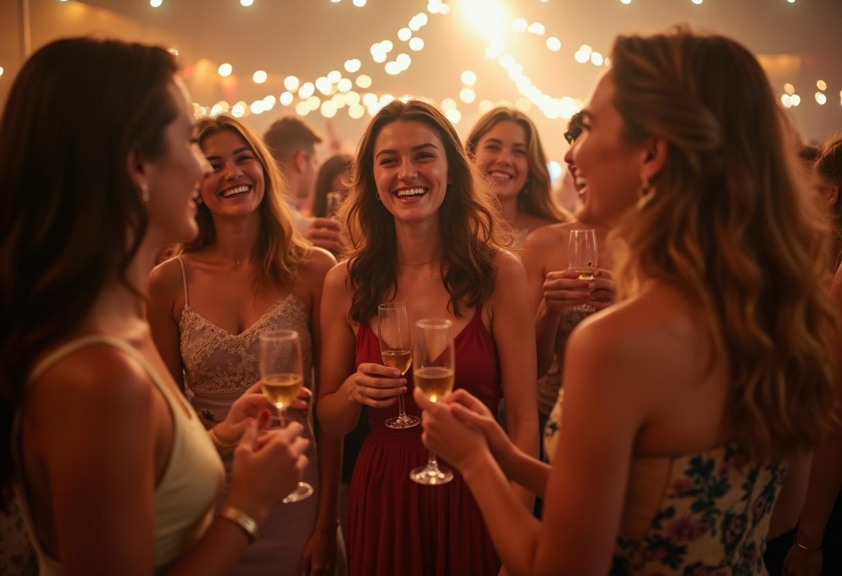 Abiball in stilvoller Eventlocation Junge Erwachsene tanzen in Abendkleidern und Anzügen unter Disco-Lichtern