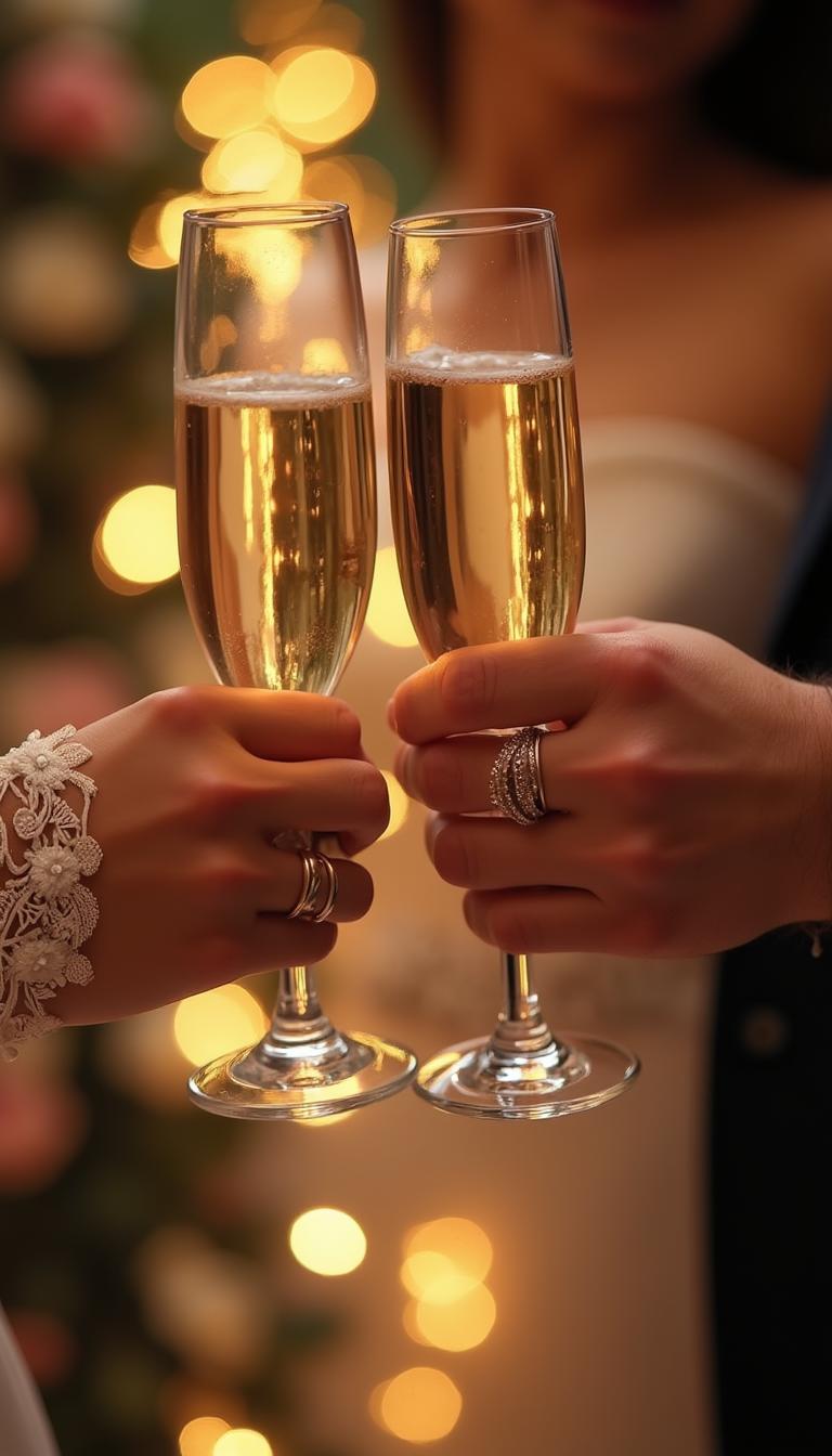 Hochzeit in eleganter Eventlocation Hände von Braut und Bräutigam mit Ringen beim Anstoßen in romantischem Ambiente