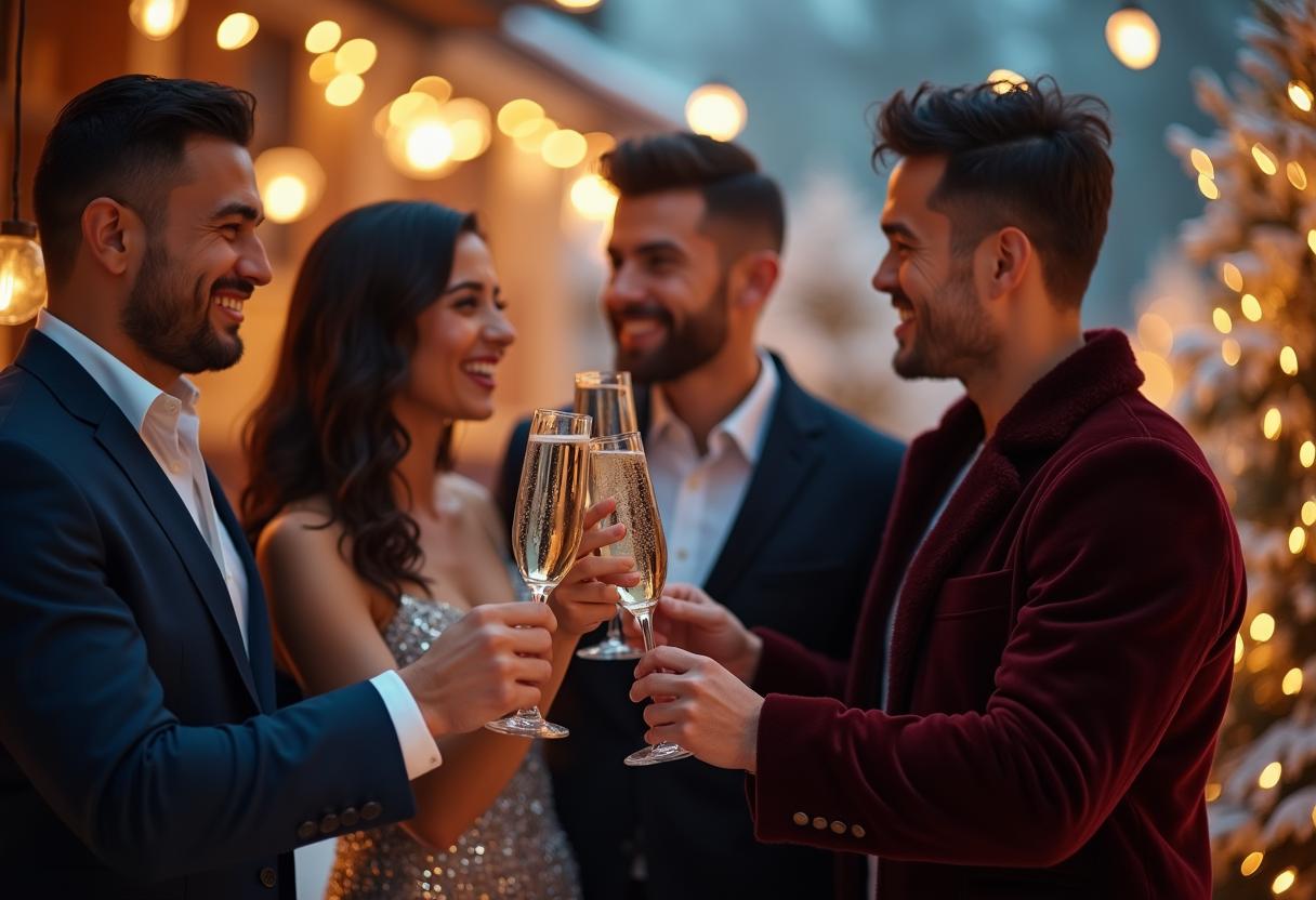 Weihnachtsfeier in festlichem Ambiente Menschen stoßen bei einer Weihnachtsfeier mit Sekt an, festliche Stimmung im warmen Licht
