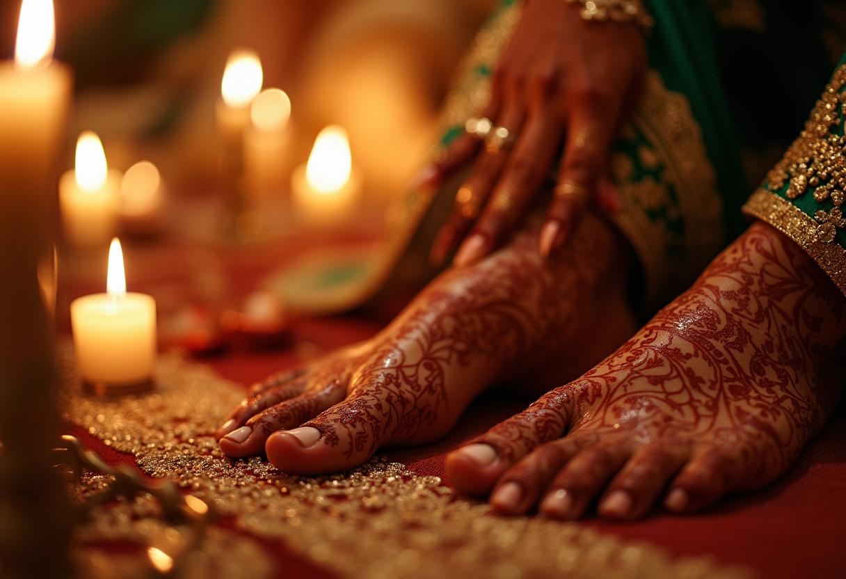 Braut bei der Henna-Zeremonie (Mehndi) mit kunstvoll bemalten Händen, goldrotem Kleid und festlicher Stimmung – ein Symbol für Liebe, Glück und Neubeginn.