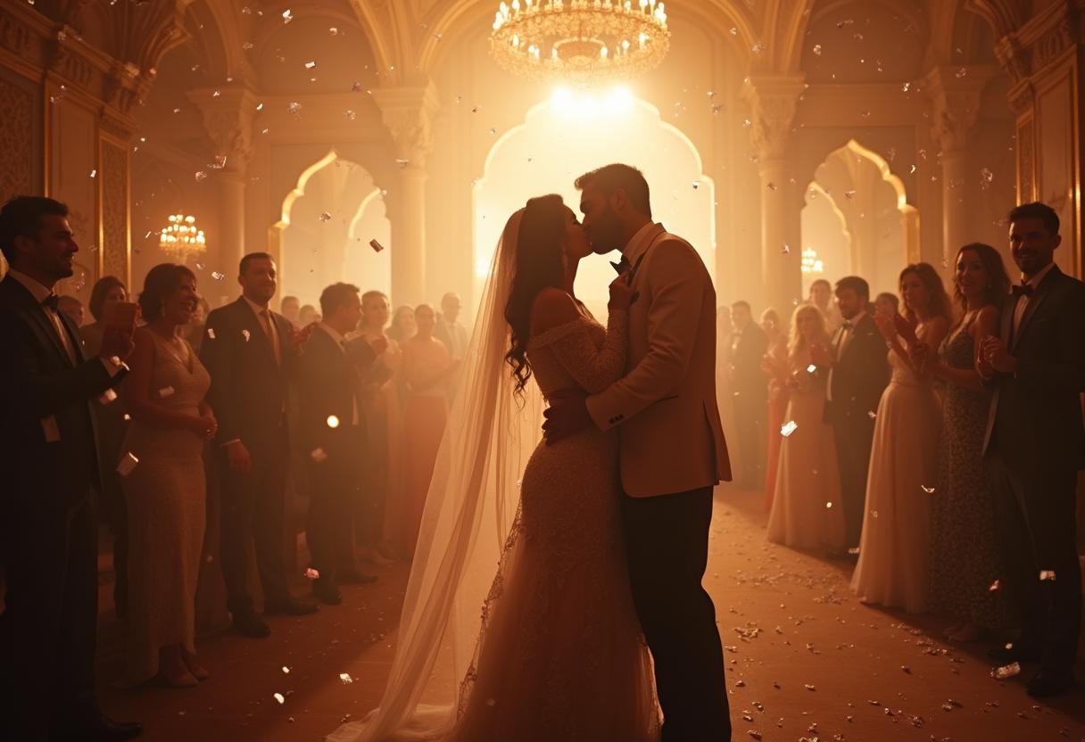 Ein Fest, das nie endet – arabische Hochzeit und das Gefühl von Ewigkeit Arabisches Brautpaar tanzt unter funkelnden Lichtern in einer goldenen Hochzeitskulisse – Symbol für zeitlose Liebe und Ewigkeit