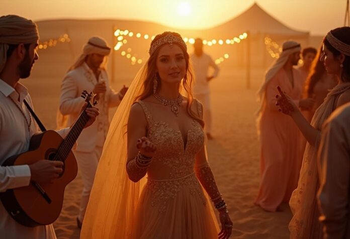 Arabische Hochzeit – Tradition trifft Luxus Arabische Braut in goldenem Kleid mit Henna-Zeichnungen, umgeben von Musik und Licht