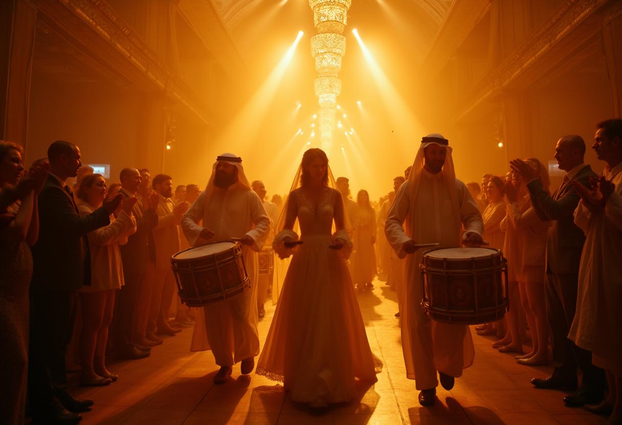 Zaffa, Dabke & Khaliji – Musik und Tanz auf arabischen Hochzeiten in NRW Zaffa-Einzug mit Trommlern, Tänzern und Sängerinnen bei einer arabischen Hochzeit in NRW, Gäste tanzen Dabke und feiern ausgelassen