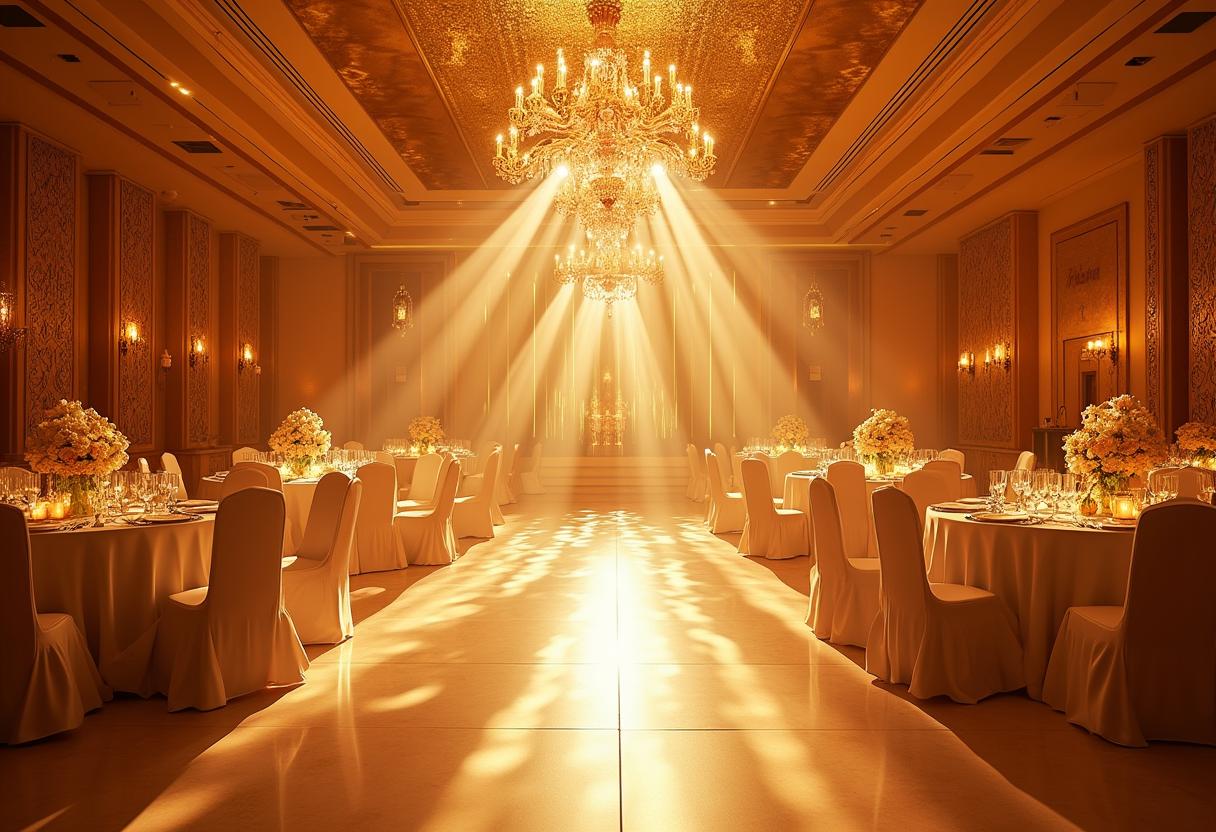 Arabische Hochzeitslocation in NRW – Stil, Größe und Service vereint Elegante arabische Hochzeitslocation in NRW mit goldener Dekoration, großer Tanzfläche und festlich gedeckten Tischen