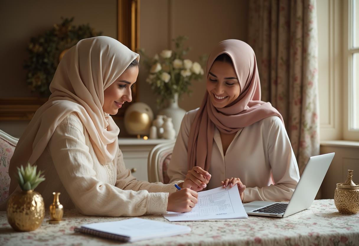 Checkliste arabische Hochzeit NRW – perfekte Planung Schritt für Schritt Arabische Braut und Hochzeitsplanerin prüfen Checkliste für Hochzeit in NRW mit Notizbuch, Laptop und goldenen Akzenten