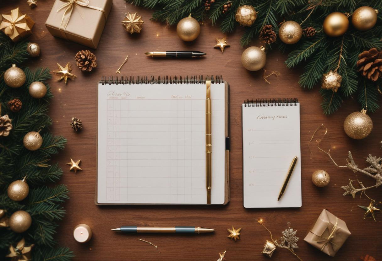 Checkliste für die Planung einer erfolgreichen Firmen-Weihnachtsfeier Notizblock mit abgehakter Checkliste für eine Firmen-Weihnachtsfeier auf Tisch mit Weihnachtsdekoration