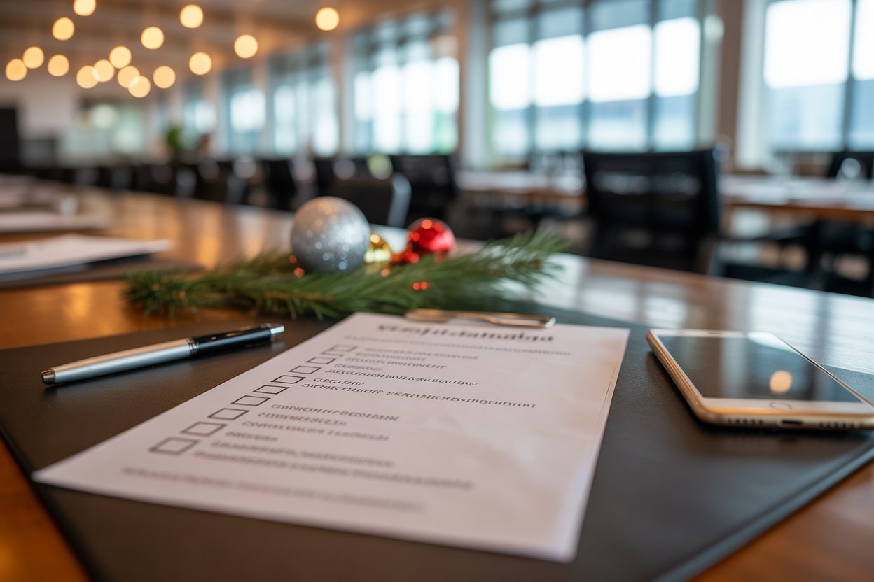 Checkliste Firmen-Weihnachtsfeier NRW Checkliste zur Planung einer Firmen-Weihnachtsfeier in NRW mit Notizblock, Stift und festlichen Akzenten auf einem Geschäftstisch