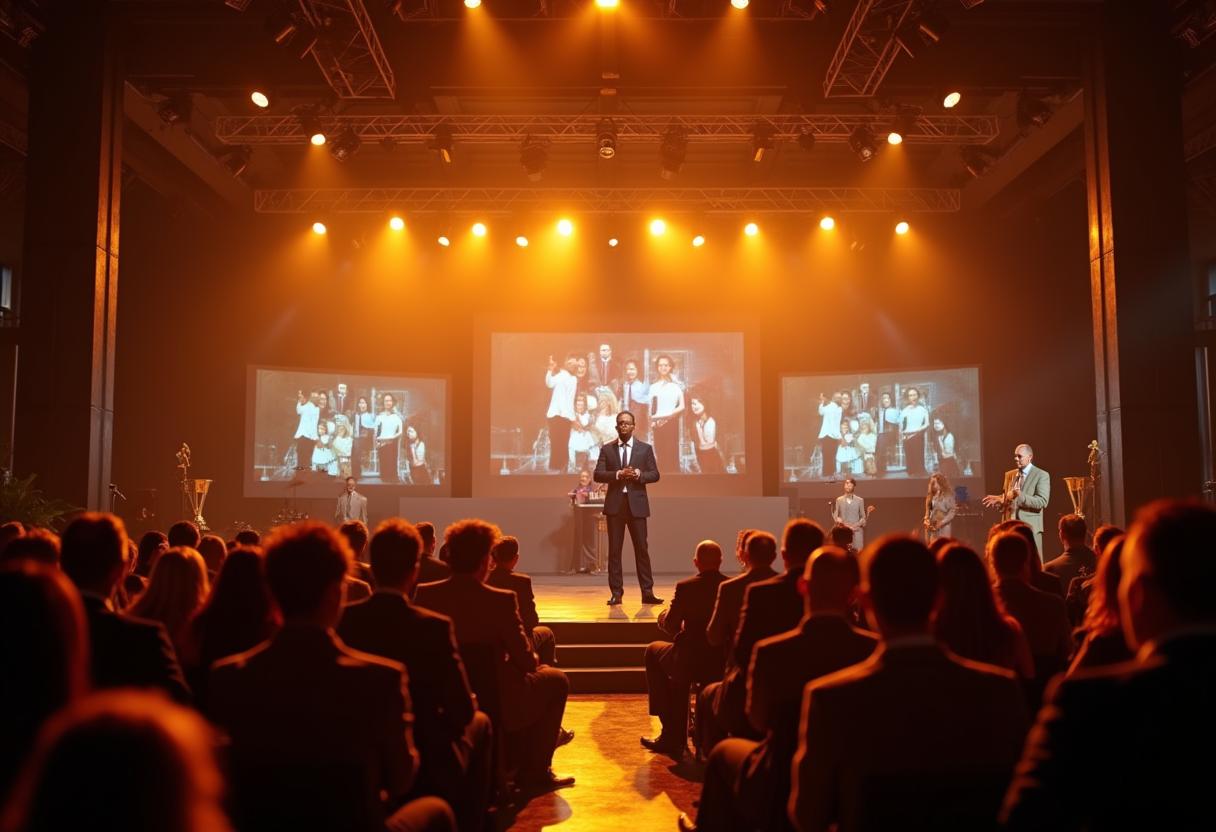Design trifft Bedeutung – wenn Emotion planbar wird Collage einer modernen Award-Nacht mit Moderatorin, applaudierenden Mitarbeitenden, LED-Bühne, Trophäen und stimmungsvoller Beleuchtung