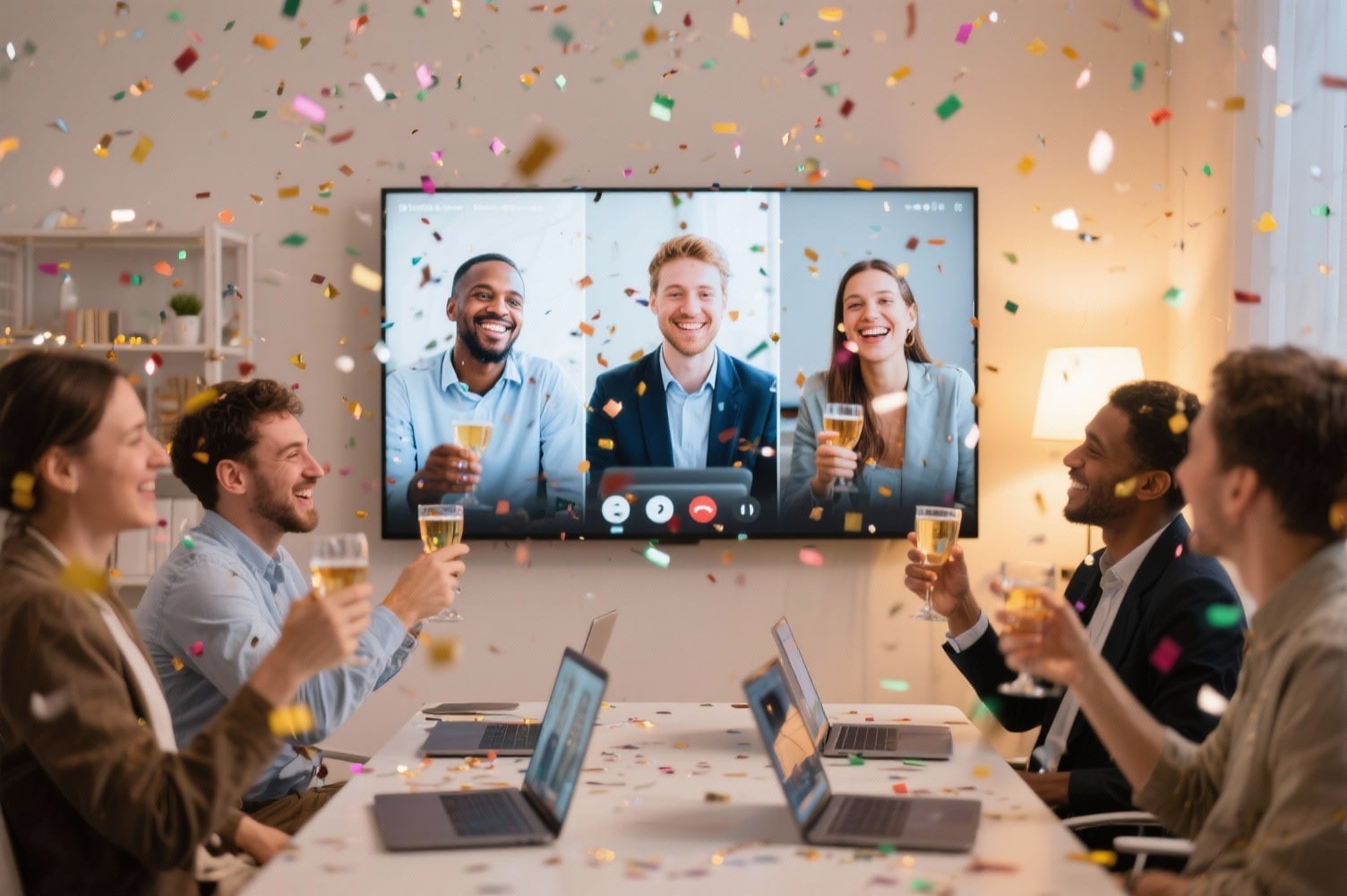 Digitaler Jahresabschluss – virtuell verbunden Mitarbeiter feiern gemeinsam in einer Videokonferenz den digitalen Jahresabschluss mit Quiz, Musik und virtuellem Toast