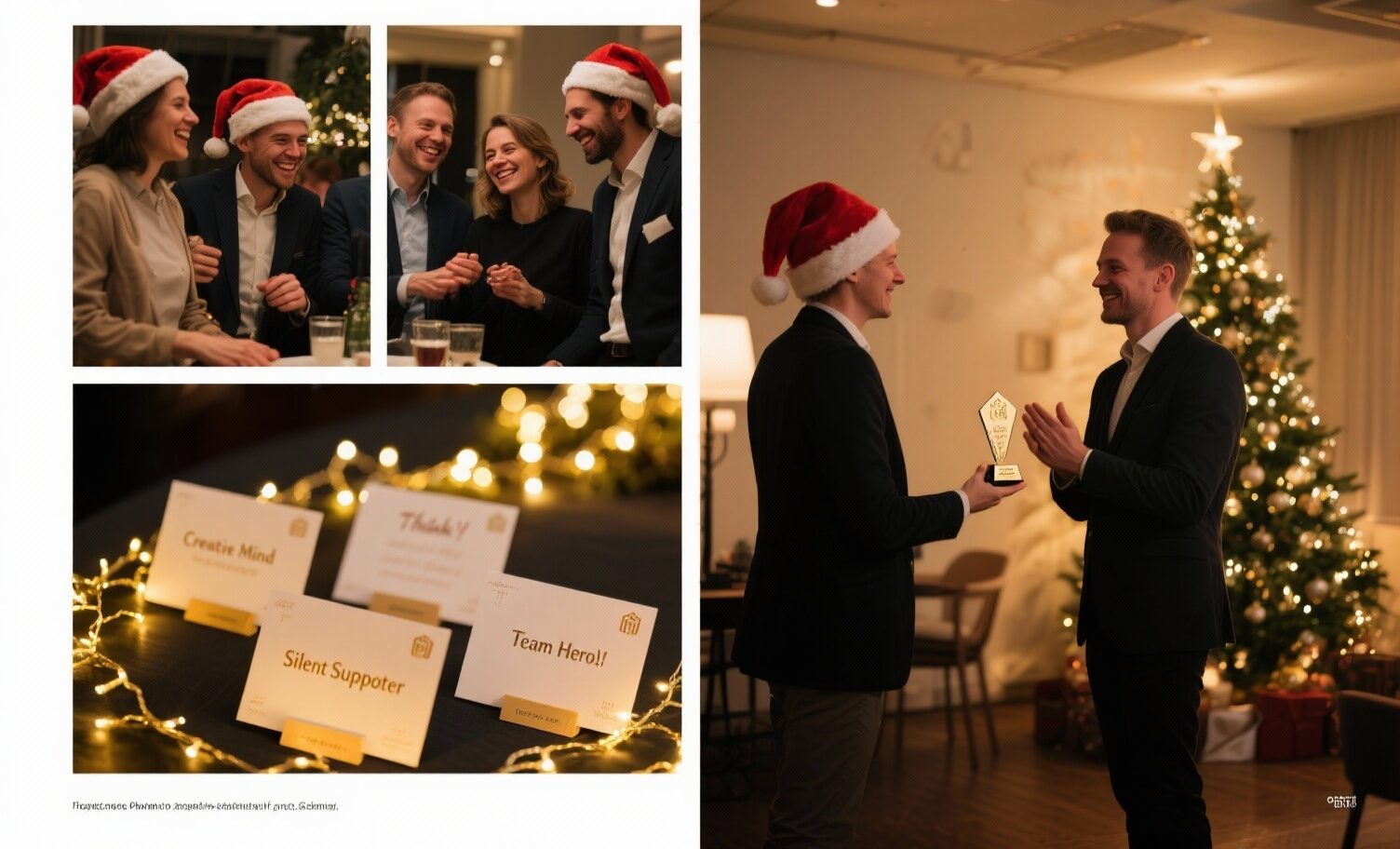 Collage: Employer Branding subtil inszeniert bei einer Nikolausfeier im Unternehmen Collage mit Mitarbeitenden bei einer Nikolausfeier, persönlichen Dankeskarten und emotionalen Kulturmomenten als Teil subtilen Employer Brandings