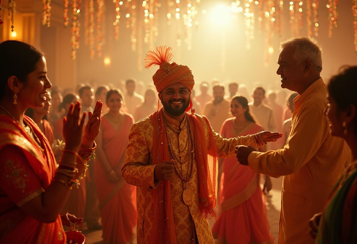 Große indische Hochzeitsgesellschaft mit Familie, Freunden und Kindern beim Feiern – bunte Saris, Musik und gemeinsames Lachen in festlicher Atmosphäre.