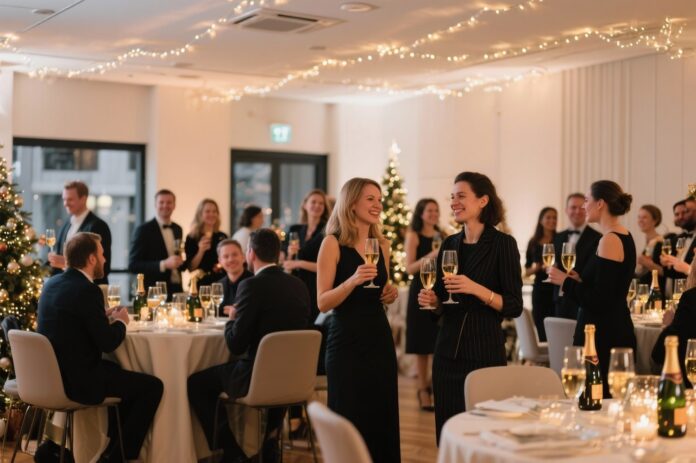 Kreative Firmen-Eventideen zum Jahresende Mitarbeiter feiern bei einer eleganten Firmen-Weihnachtsfeier mit Lichtern und festlicher Dekoration