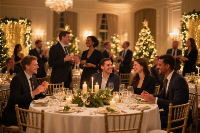 Emotionale Firmen-Weihnachtsfeier mit Teamspirit und festlicher Atmosphäre Mitarbeiter bei einer festlich gestalteten Firmen-Weihnachtsfeier mit warmem Licht, Emotion und Teamzusammenhalt