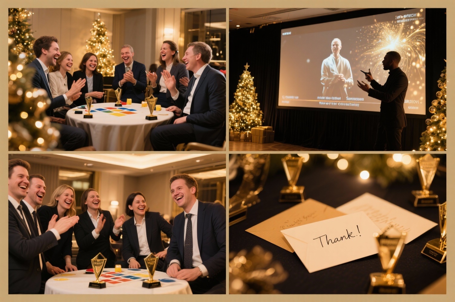 Programmhöhepunkte einer emotional inszenierten Firmen-Weihnachtsfeier Collage mit Teamspielen, Jahresrückblick, Überraschungsmoment und persönlichen Dankesbotschaften bei einer Firmen-Weihnachtsfeier