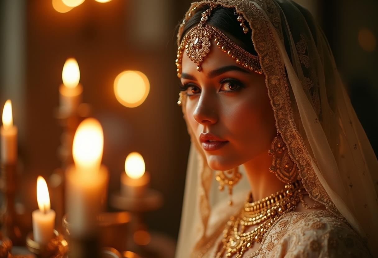 Gold, das Geschichten flüstert – Luxus und Symbolik auf arabischen Hochzeiten Goldene arabische Hochzeitsdekoration mit kunstvollen Stickereien und funkelndem Schmuc