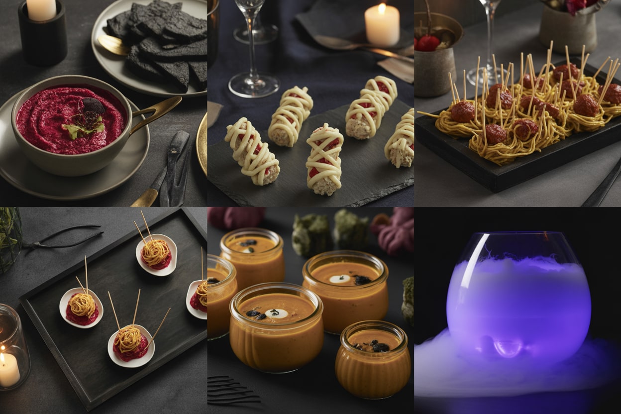 Halloween-Catering in NRW mit eleganten Gruselgerichten Collage aus stilvollen Halloween-Catering-Gerichten wie Bowle, Kürbissuppe und Fingerfood in NRW