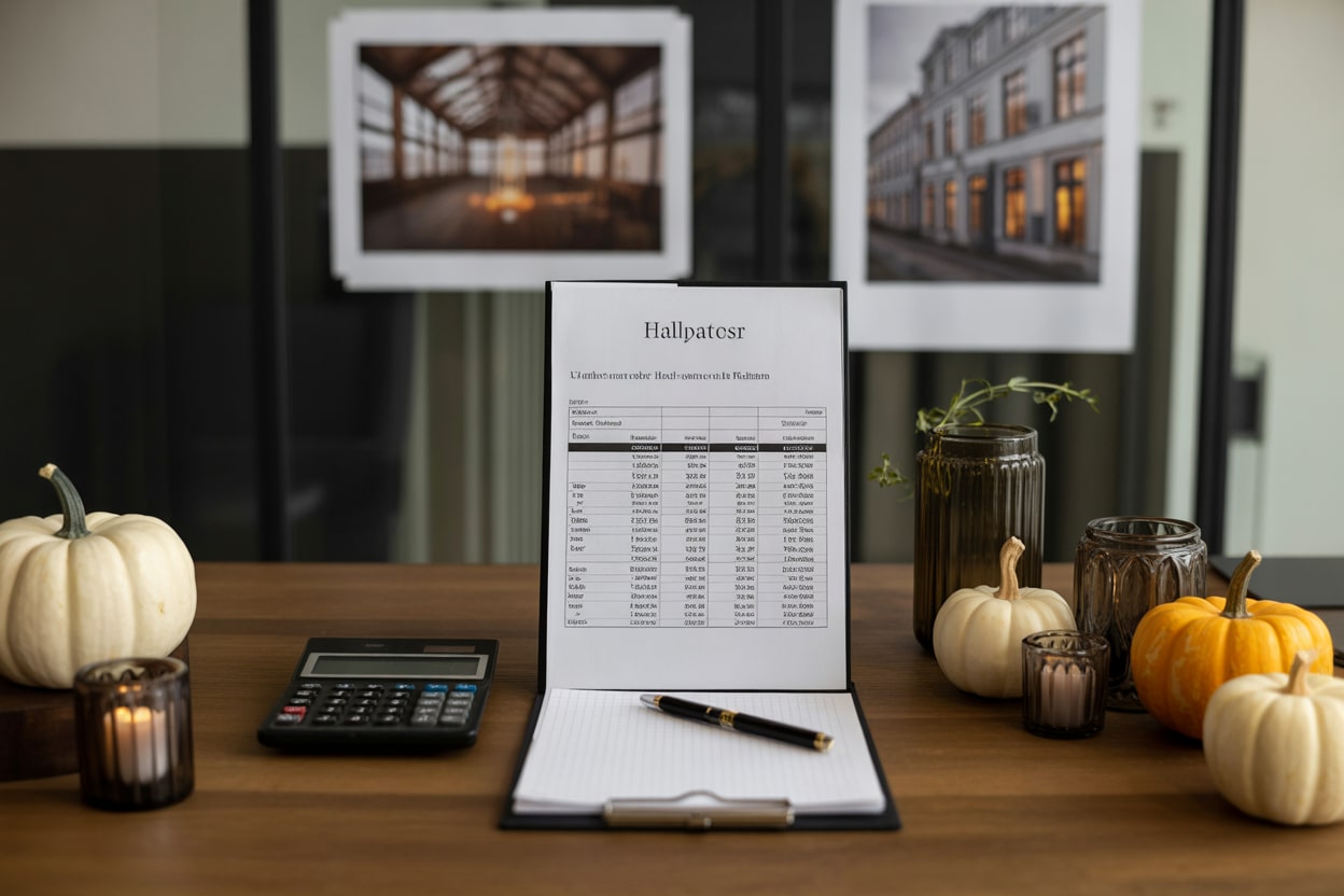 Budgetplanung für ein Halloween-Event in NRW Kalkulation der Halloween-Eventkosten mit Kürbisdeko und Taschenrechner