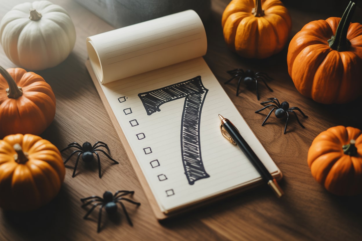 Planung einer Halloween-Party in 7 Schritten Notizblock mit der Zahl 7 umgeben von Kürbissen und Spinnen als Symbol für Halloween-Planung