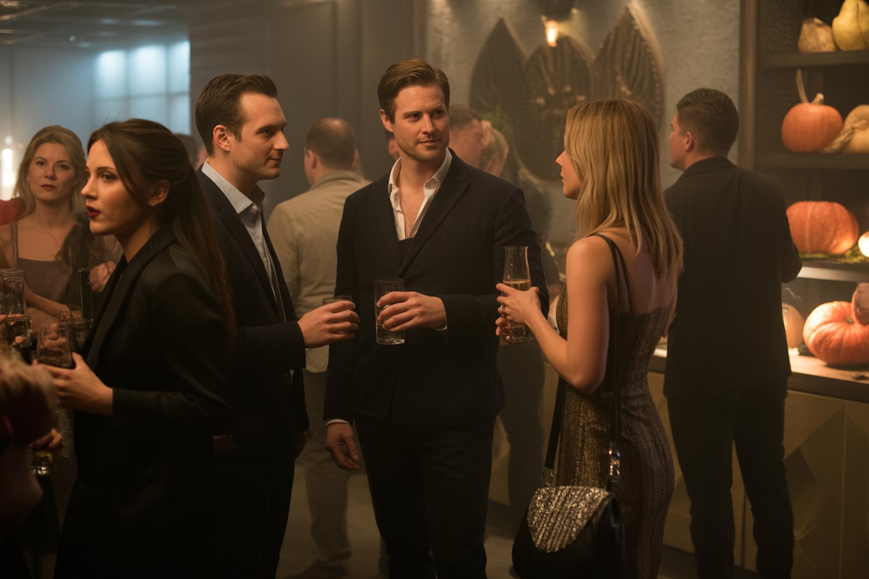 Erwachsene feiern eine stilvolle Halloween-Party in NRW mit eleganter Atmosphäre