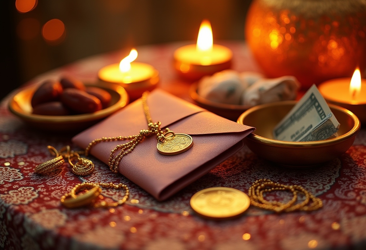 Umschlag mit Geld, Goldschmuck, türkische Goldmünze und marokkanische Süßigkeiten als Geschenke beim Henna-Abend
