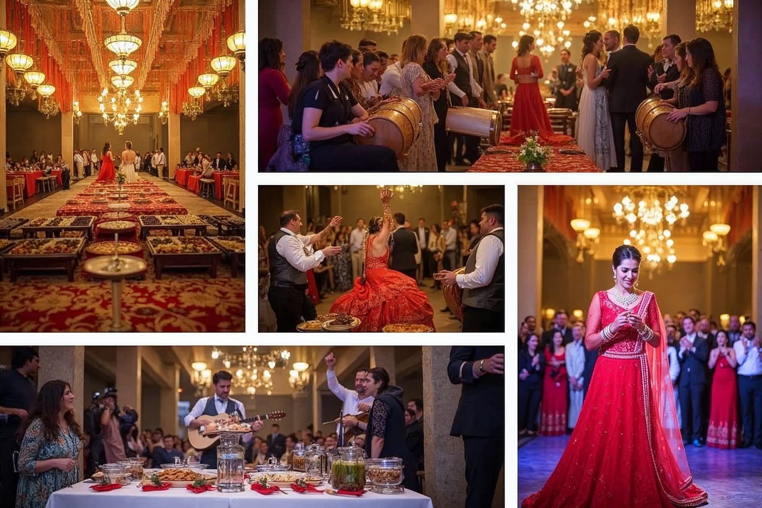 Collage eines Henna-Abends in NRW mit Festsaal, Buffet, Musik, Braut im roten Kleid und Gästen – symbolisch für die Kostenplanung