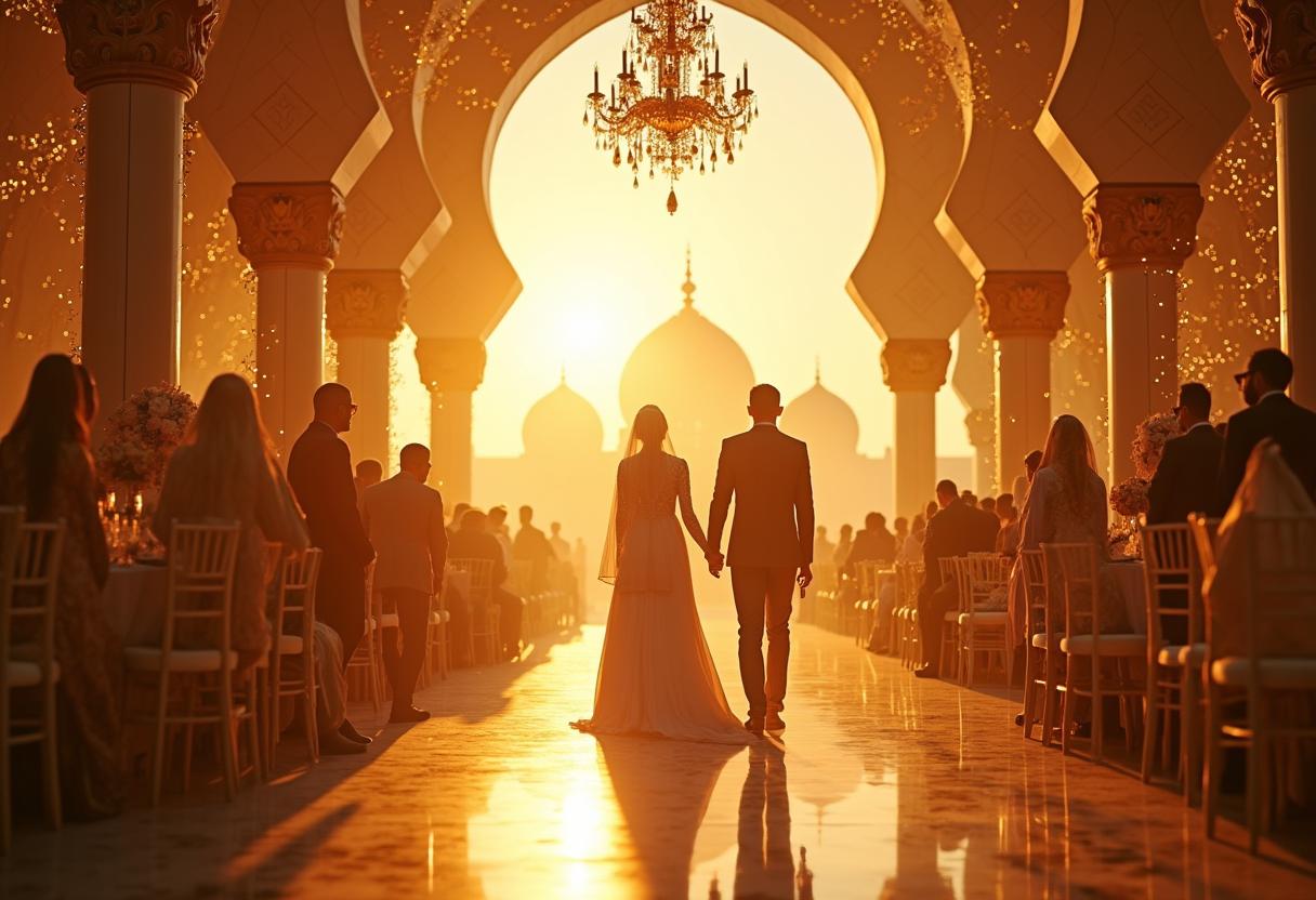 Brautpaar verlässt die Moschee nach der Nikah-Zeremonie und feiert in festlich geschmückter Location weiter