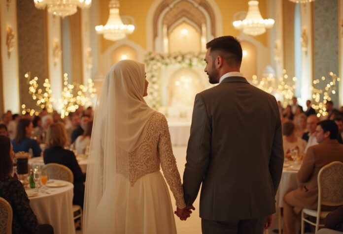 Elegante muslimische Hochzeitsfeier mit Brautpaar, Dekoration und Halal-Catering in moderner Eventlocation.