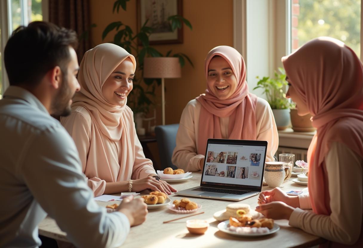 Familie plant gemeinsam eine muslimische Hochzeit mit Notizen, Laptop und Tee auf dem Tisch