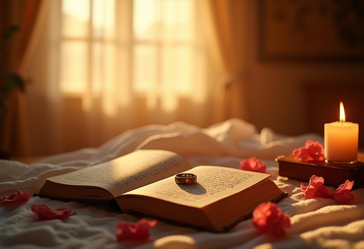 Offenes Buch mit arabischer Kalligrafie, Rosenblüten und Eheringen im warmen Licht einer Kerze – Symbol für Liebe und Spiritualität