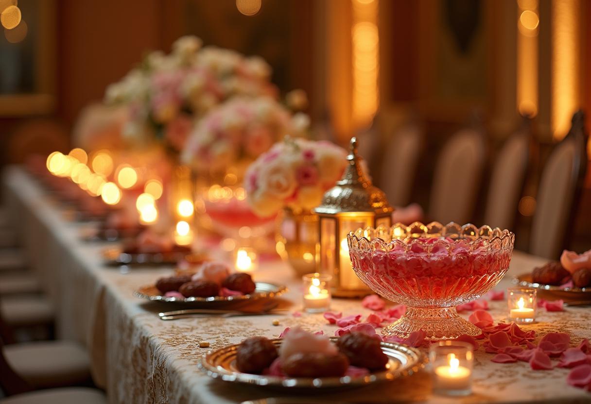 Mit Rosenwasser, Datteln und goldenen Laternen geschmückter Tisch als Teil einer modernen islamischen Hochzeitsfeier