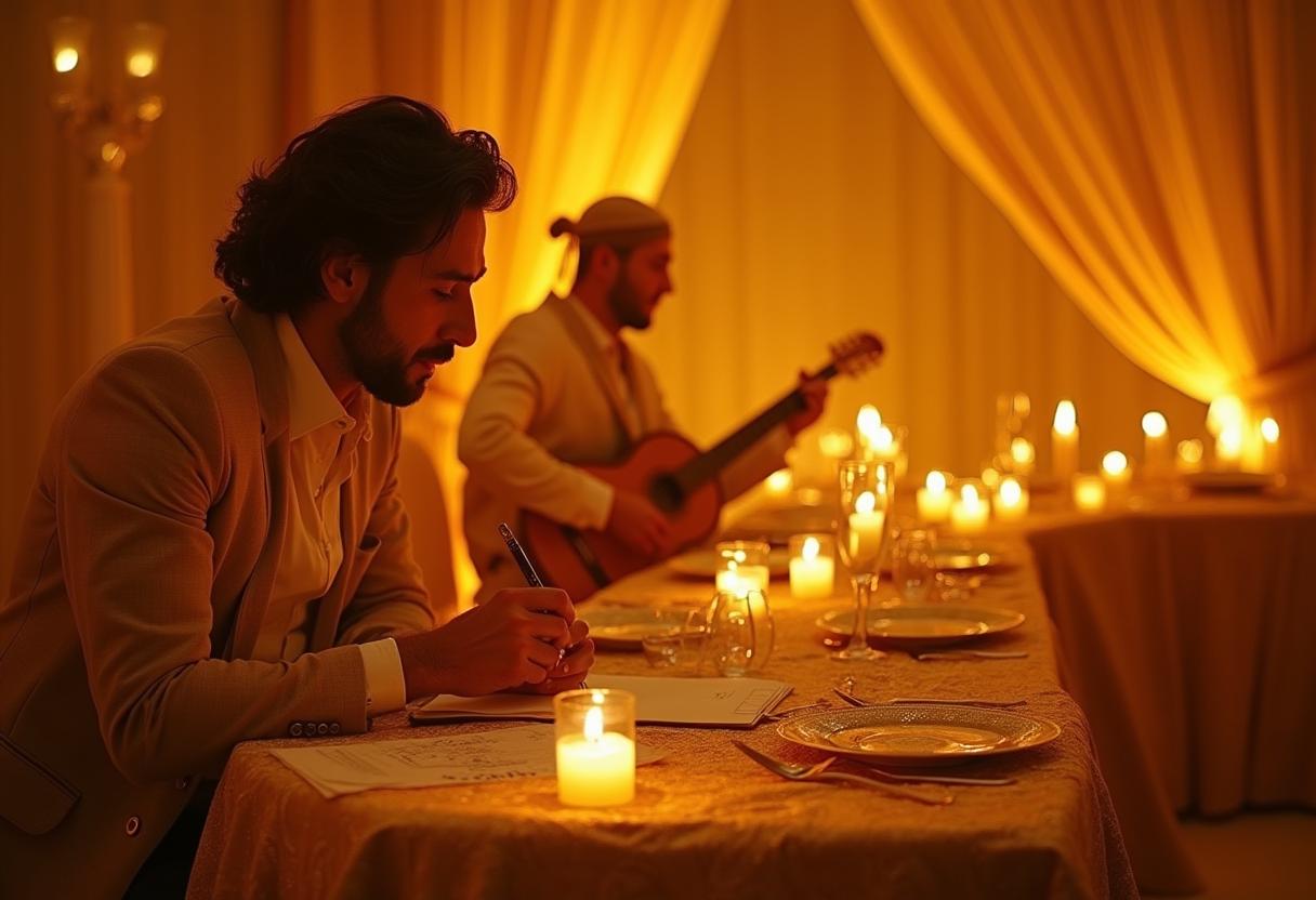 Kostenplanung arabischer Hochzeit in NRW – Luxus trifft Kalkulation Arabische Hochzeit in NRW mit goldener Dekoration, Hochzeitsbudget-Planung auf Tisch mit Notizen und Kerzenlicht