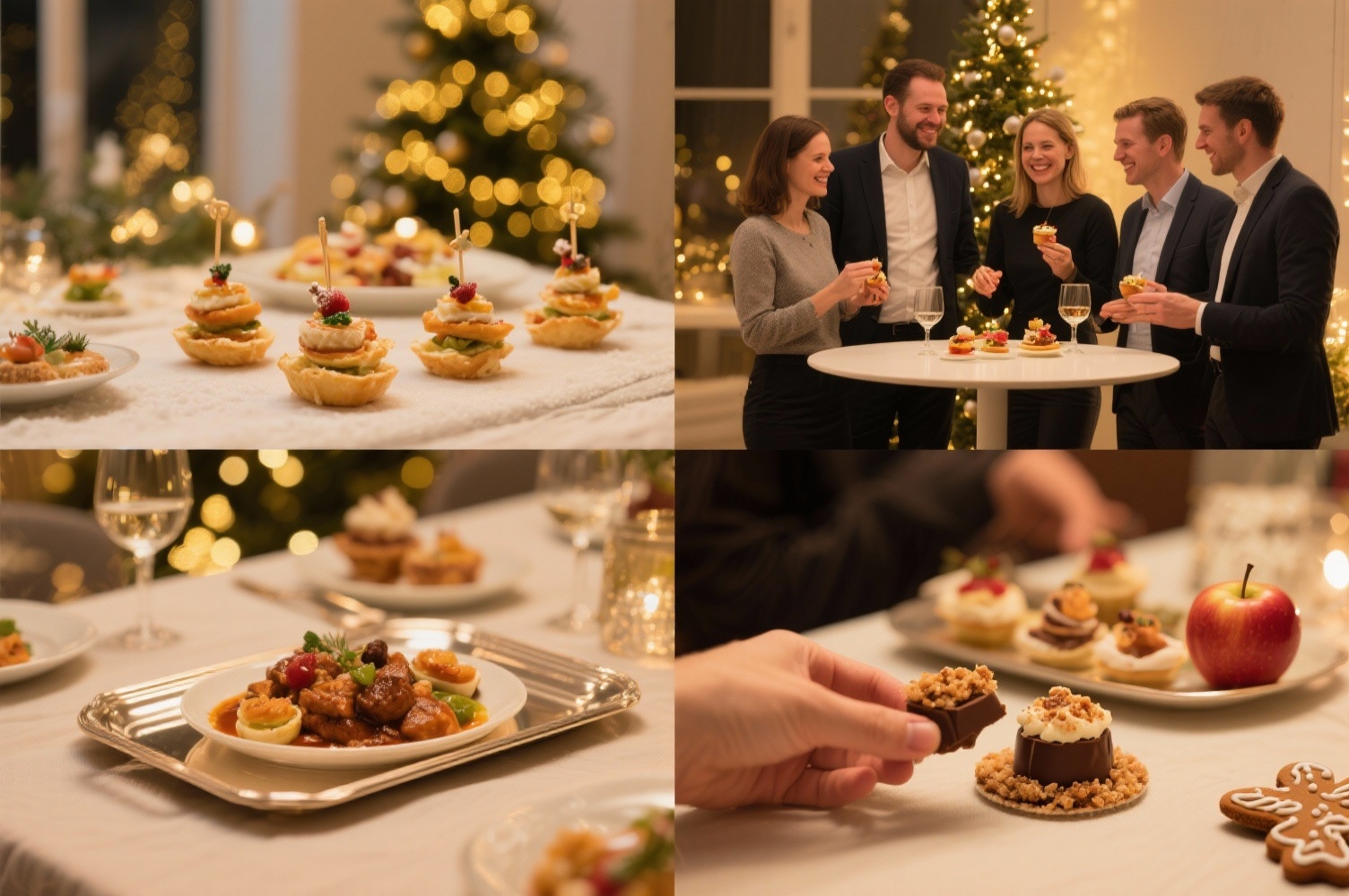 Collage mit kulinarischen Mini-Momenten bei einer Nikolausfeier im Unternehmen Collage mit festlichem Fingerfood, herzhaften Mini-Gerichten, gedecktem Weihnachtstisch und Kollegen, die kleine Genussmomente bei einer Firmen-Nikolausfeier teilen