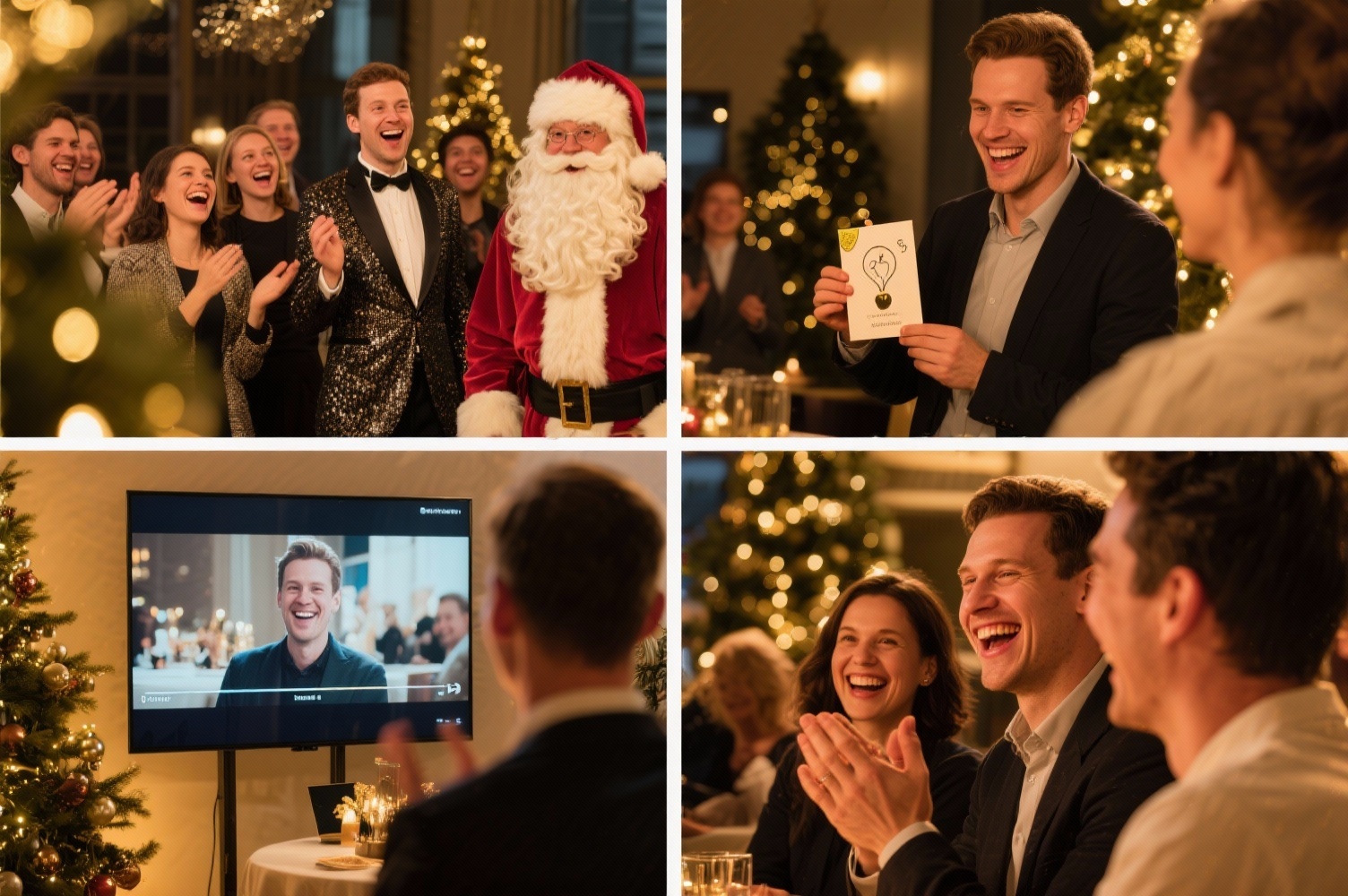 Magic Moments entstehen nicht durch Show – sondern durch kleine Überraschungen, die im Team wirken. Collage mit Überraschungsgast im Nikolausmantel, emotionaler Mini-Award-Übergabe und lachenden Teammitgliedern bei einer Firmen-Nikolausfeier