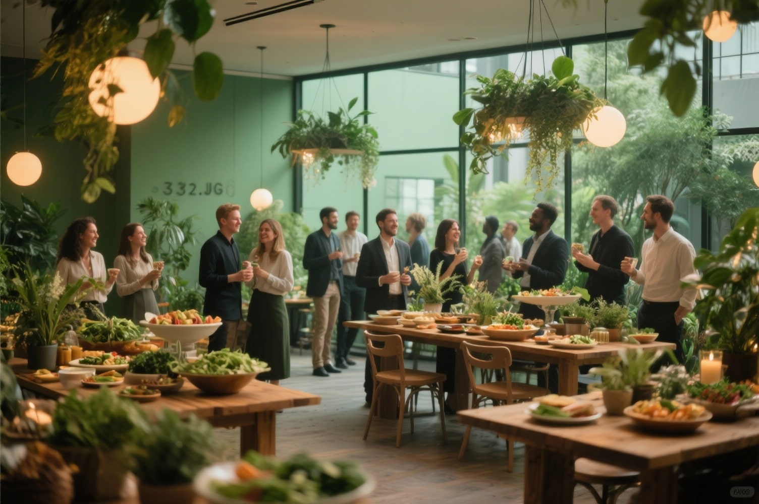 Nachhaltige Jahresfeier – Green Events im Fokus Mitarbeitende feiern eine nachhaltige Jahresfeier mit veganem Buffet, Pflanzen-Dekoration und gemütlicher Atmosphäre in einer CO₂-neutralen Location