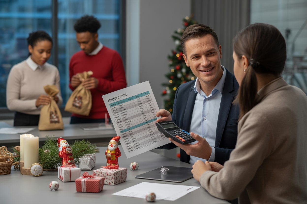 Budgetplanung für Nikolausfeier im Unternehmen Mitarbeitende planen die Nikolausfeier im Büro mit Geschenken, Budgetübersicht und festlicher Deko
