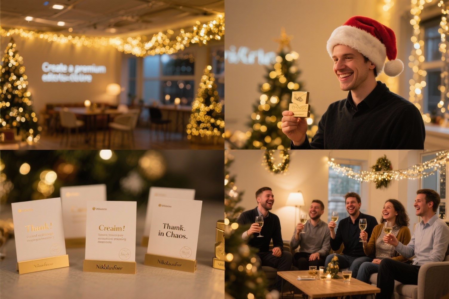 Employer-Branding-Collage einer Nikolausfeier mit Teamwertschätzung und Firmenkultur Collage mit Dankeskarten, Teammoment, Mitarbeitern mit Nikolausmützen und wertschätzender Atmosphäre auf einer Firmen-Nikolausfeier