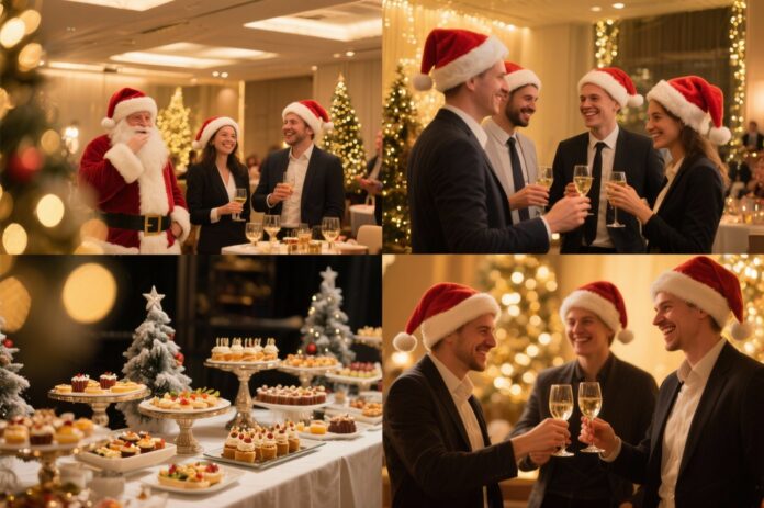 Eine Nikolausfeier als emotionaler Auftakt – wenn Eventlicht, Buffet und Teamspirit zu einem gemeinsamen Erlebnis verschmelzen. Collage mit Eventsaal, Kolleg:innen mit Nikolausmützen, festlichem Buffet und Teammoment beim Anstoßen auf einer Firmen-Nikolausfeier