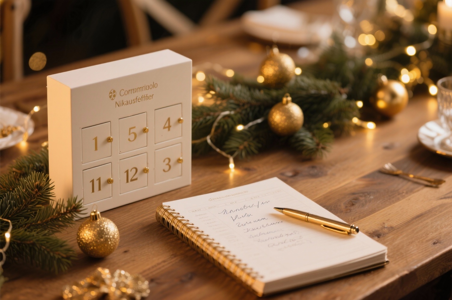 Adventskalender und festliche Planung als Symbol für Magic Moments bei einer Nikolausfeier Festlich dekorierter Tisch mit Adventskalender, Notizbuch und Weihnachtsdeko als Symbol für überraschende Magic Moments einer Nikolausfeier