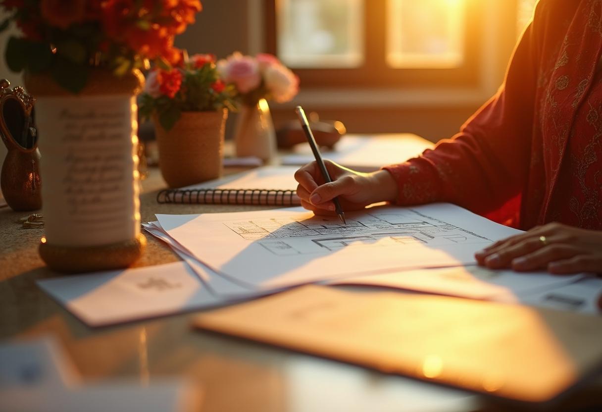 Planung arabischer Hochzeit in NRW – Struktur trifft auf Emotion Arabische Hochzeitsplanerin organisiert festliche Hochzeit mit Notizbuch, Stoffmustern und Dekorationsbeispielen