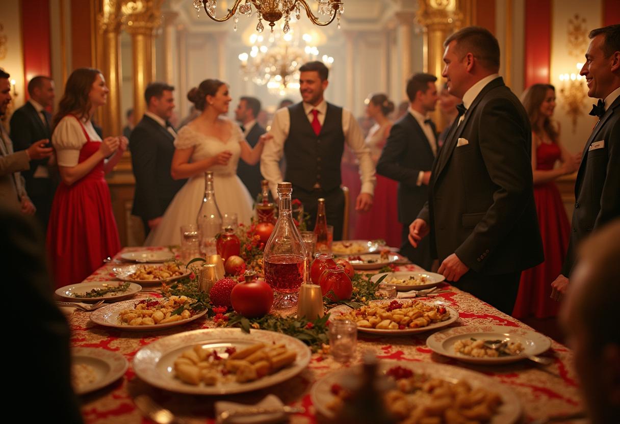 Russische Hochzeit mit tanzenden Gästen in Trachten und reich gedecktem Buffet-Tisch im Vordergrund