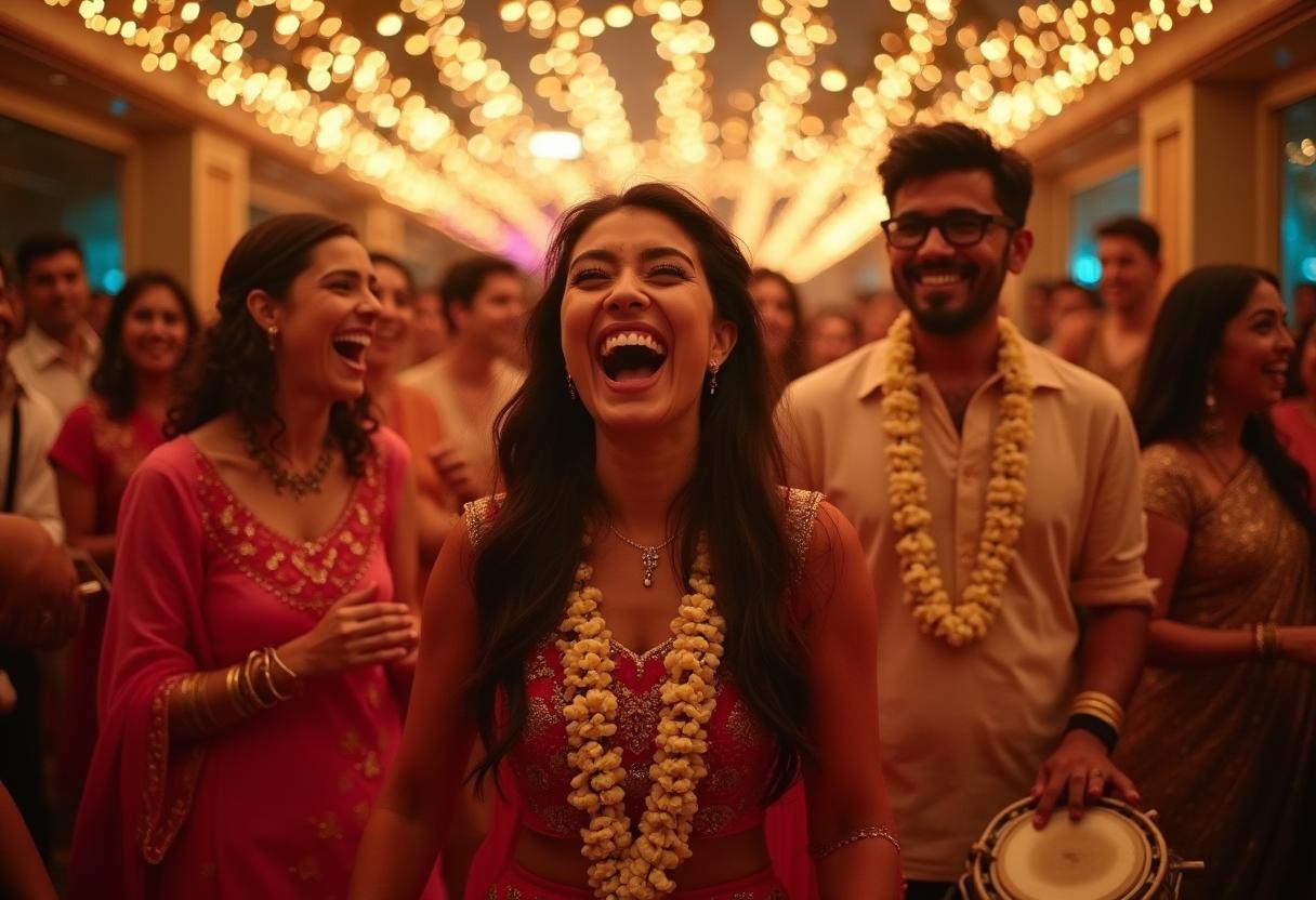 Indische Gäste tanzen beim Sangeet unter Lichterketten in farbenfrohen Gewändern – Musik, Emotion und Lebensfreude füllen den Abend.