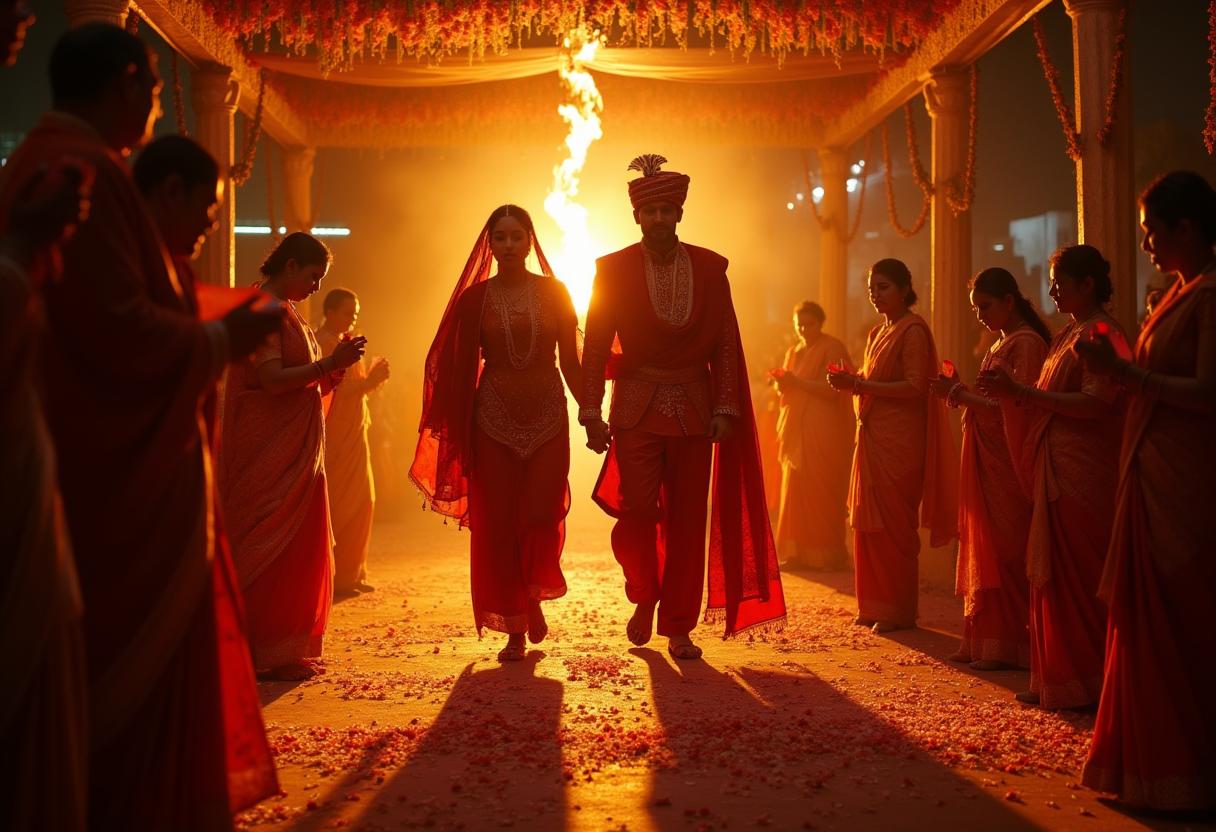 Braut und Bräutigam gehen beim Saptapadi sieben symbolische Schritte um das heilige Feuer – ein Ritual für Liebe, Stärke und ewige Verbundenheit.