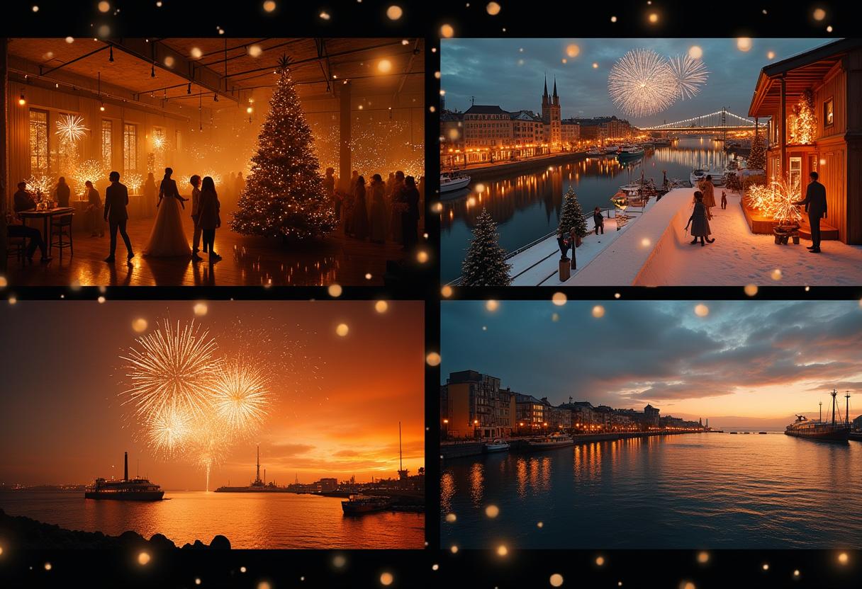 Collage verschiedener Silvesterfeiern in Deutschland: Industrie-Loft im Ruhrpott, Alpenchalet mit Kamin, Rooftop in Berlin, Hamburger Hafen und Nordseestrand. Symbol für regionale Vielfalt und Feierkultur.