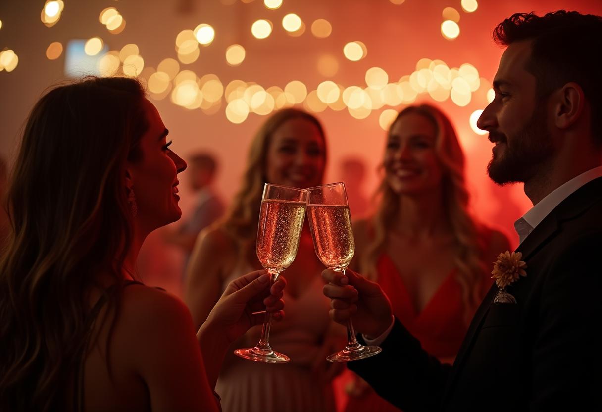 Menschen stoßen um Mitternacht in einer festlich beleuchteten Eventlocation an – Symbol für Atmosphäre und Erfolg einer gelungenen Silvesterfeier.