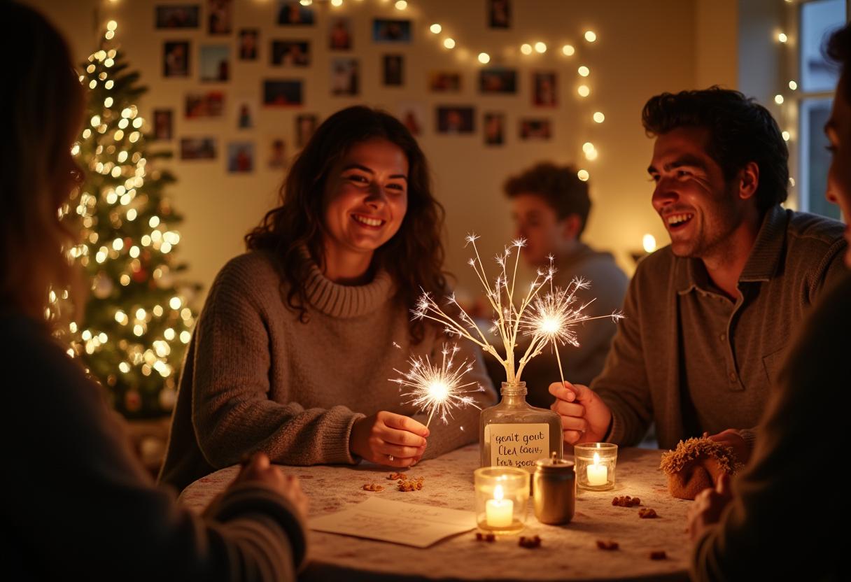 Detailreiche Silvesterszene mit Fotowand, Wunschbaum und Zitatkarte von Antoine de Saint-Exupéry. Symbol für Emotion, Atmosphäre und kreative Gestaltung einer Feier.