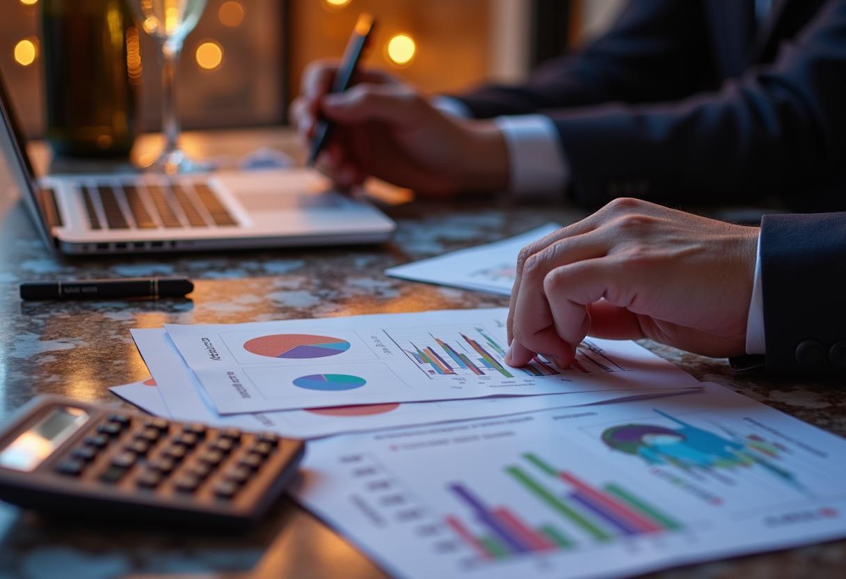 Eventplanerin analysiert Budget für Silvesterfeier am Laptop – mit Tabellen, Notizen und Fotos möglicher Locations. Symbol für Planung, Organisation und Kostentransparenz.