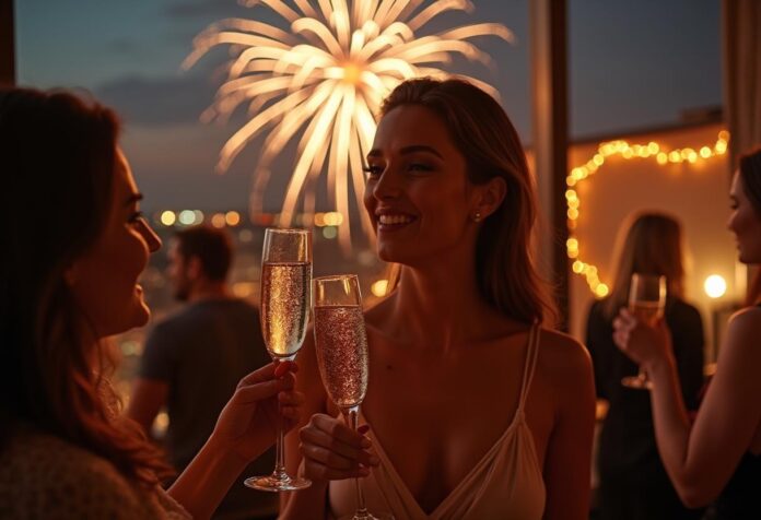 Perfekte Silvesterfeier in stilvoller Location Gäste feiern stilvoll in einer modernen Silvester-Location mit Feuerwerk