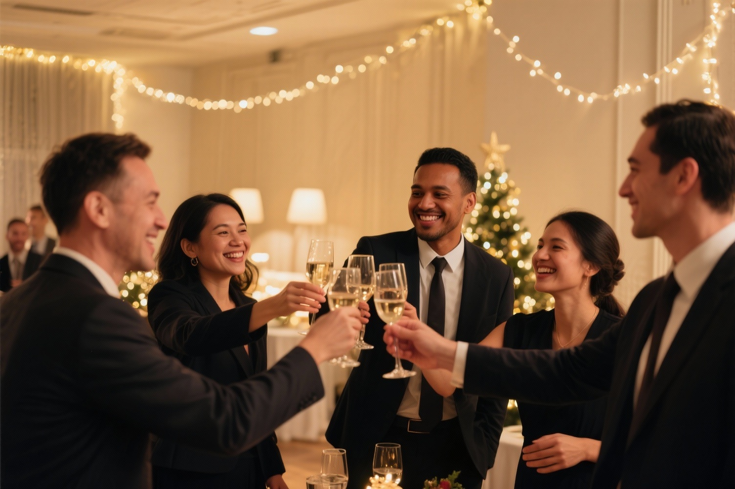 Starke Weihnachtsfeier als emotionaler Höhepunkt des Geschäftsjahres Professionell gekleidete Mitarbeiter stoßen bei einer emotionalen Firmen-Weihnachtsfeier auf das erfolgreiche Geschäftsjahr an