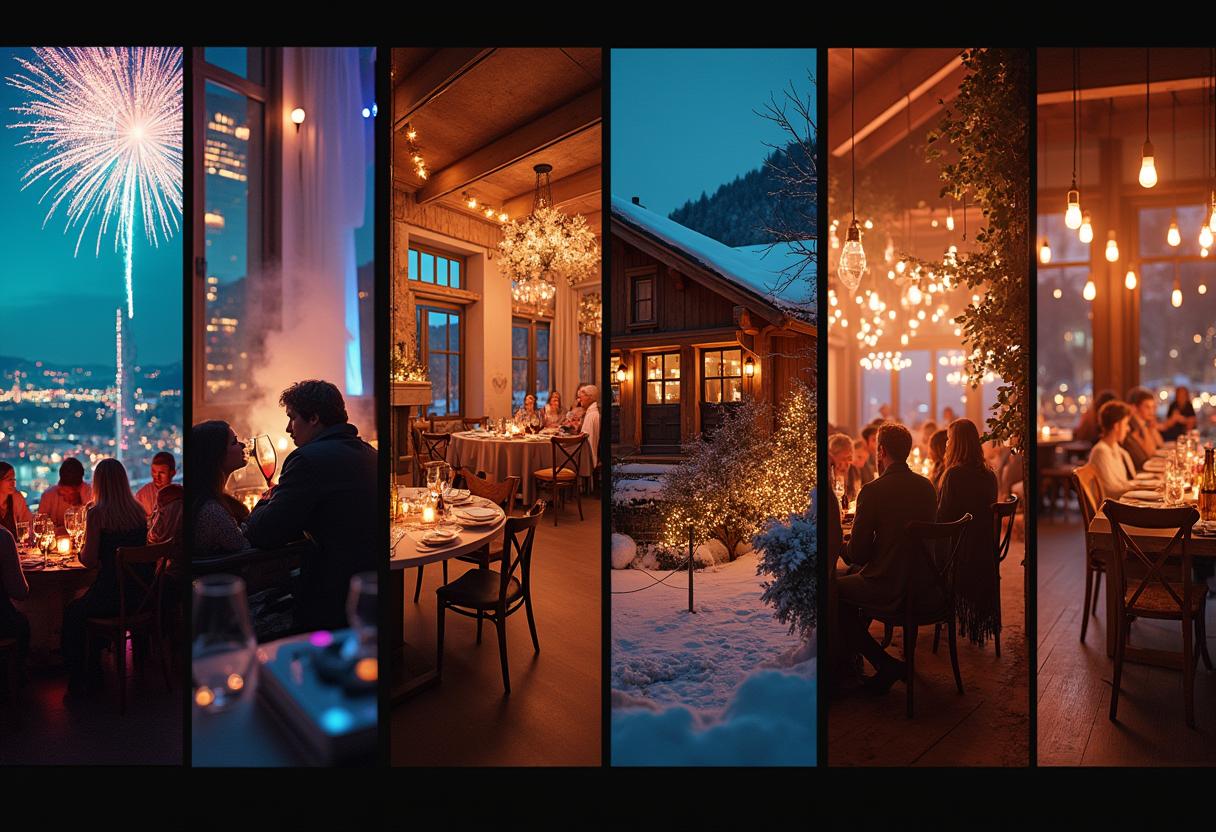 Collage aus verschiedenen Silvester-Locations: Rooftop-Bar mit Feuerwerk, Berghütte mit Kamin, Hotelballsaal und private Feier im Gartenhaus – jede Szene zeigt unterschiedliche Stimmung und Charakter.